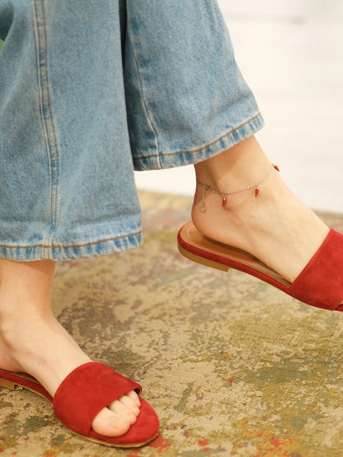 Браслет срібний на ногу (анклет) Перчики підвісні Червоні Youko