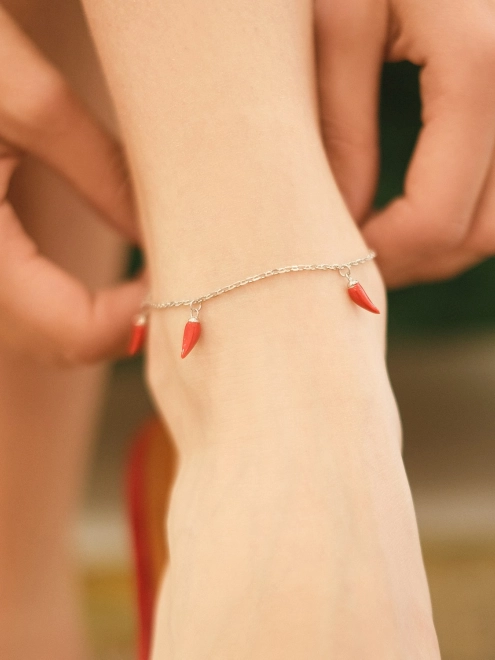 Браслет серебряный на ногу (анклет) Перчики подвесные Красные Youko