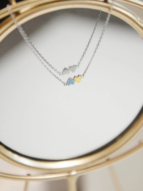 Підвіска срібна Два серця Youko з емаллю жовто-блакитною