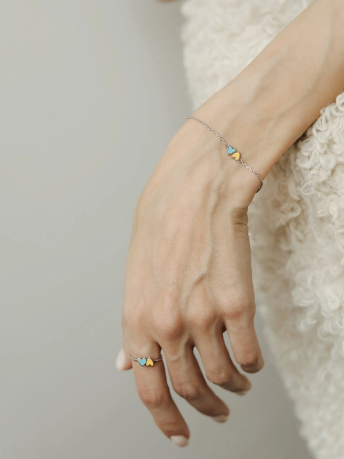 Браслет срібний Два серця Youko з жовто-блакитною емаллю