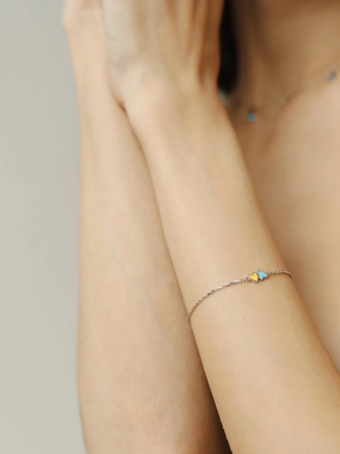 Браслет серебряный Два сердца Youko с эмалью желто-голубой