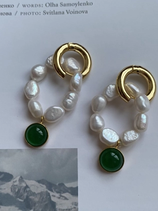 Сережки Біжутерія Болт Перли З Зеленим Колом Youko 2
