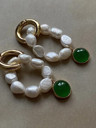 Сережки Біжутерія Болт Перли З Зеленим Колом Youko 2