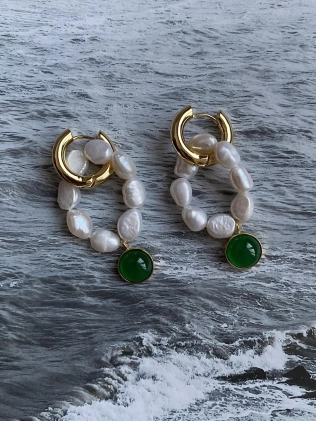Сережки Біжутерія Болт Перли З Зеленим Колом Youko 2