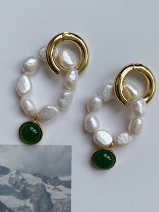 Сережки Біжутерія Болт Перли З Зеленим Колом Youko 2