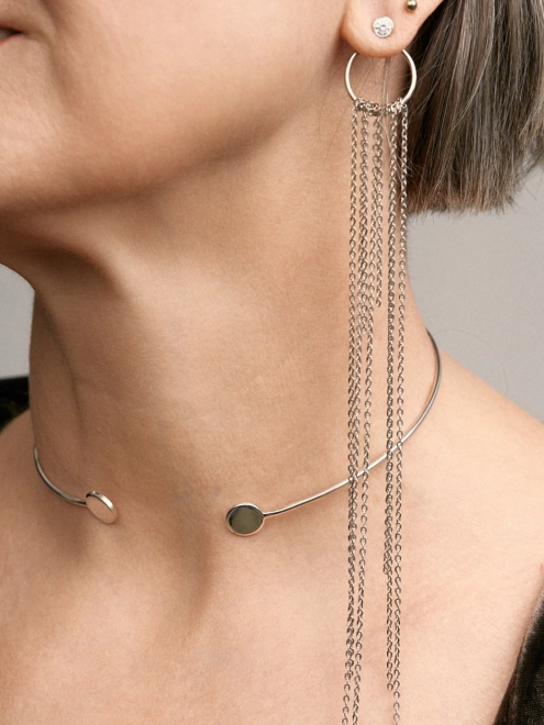 Серьги циркон с подвесом круг с цепями Youko