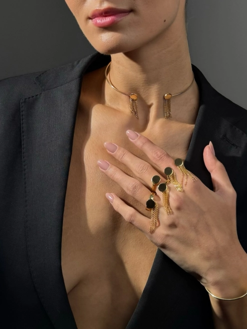 Кольцо Две Монеты с Цепями в желтой позолоте Youko