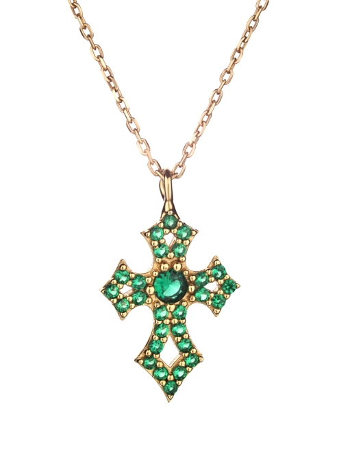 Підвіска Англійський Хрест зелені циркони в позолоті Youko