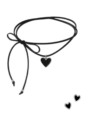 Набор Сердце Вытянутый кожаный шнур + серьги черная эмаль Youko